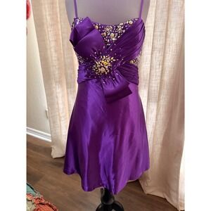 Precious Formals Purple Beaded Embellished Bow Cocktail Dress Size 12